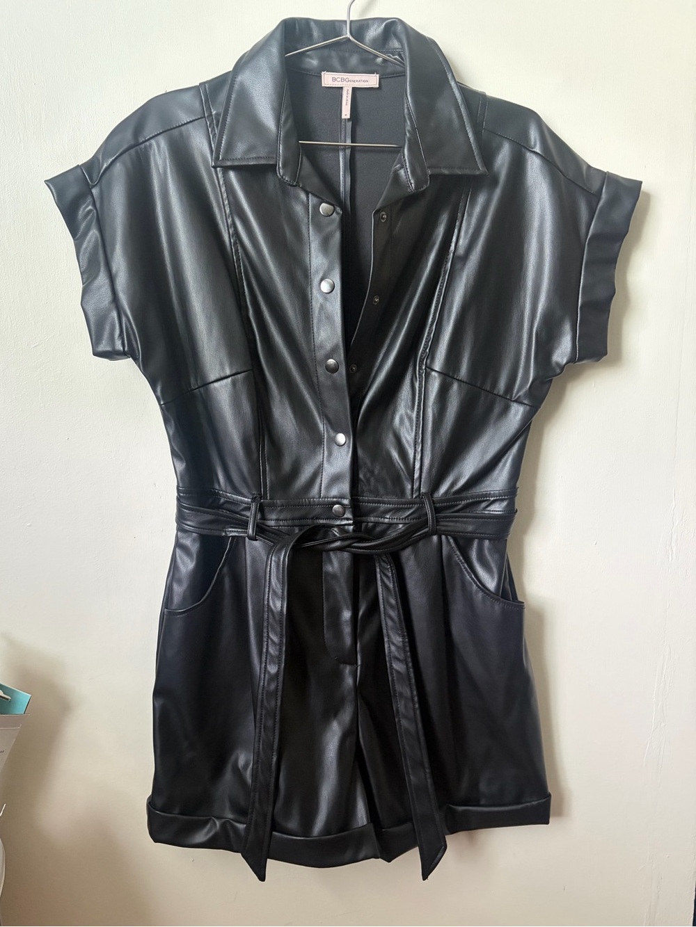 BCBGeneration Black Faux Leather Romper